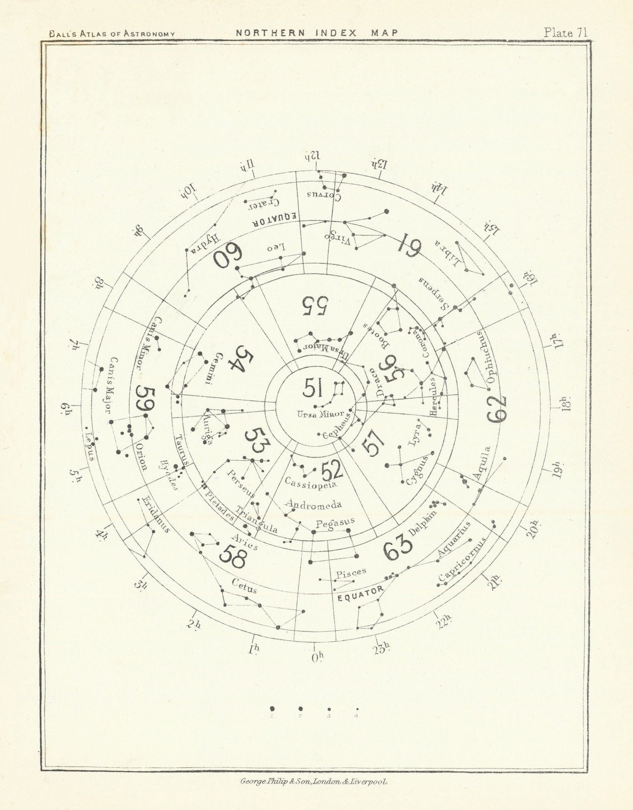 Night Sky Star Chart. Northern Index Map by Robert Ball. Astronomy 1892